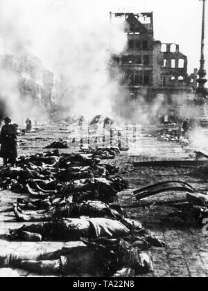 During the heavy bombing of Dresden in the spring of 1945, thousand of people were killed. The number of victims was so great that the bodies were collected on the remaining public places, where they were doused with gasoline and burnt to reduce the risk of diseases Stock Photo