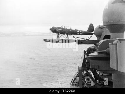 A seaplane Arado Ar 196 takes off from the catapult of a German warship ...