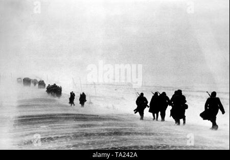 A German transport column crosses the wide meadows and fields west of Moscow. The Wehrmacht must keep withdrawing after the lost battle of Moscow, partly due to the inadequate equipment. (PK-photo). Stock Photo