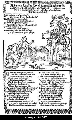 Woodcut from 1517: The leaflet shows the Dominican monk and indulgence merchant Johann Tetzel (1465-1519) and Martin Luther,  who wrote a disputation in the same year, the Ninety-Five Theses in which he protested against indulgences. Stock Photo
