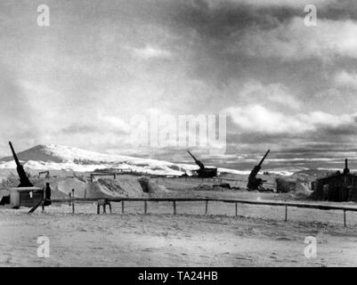 Several German anti-aircraft guns (10.5 cm Flak 38) are set up to defend the occupied land against air raids on a snow-covered hill in Northern Norway. PK-Photo: War correspondent Zimmermann. Stock Photo