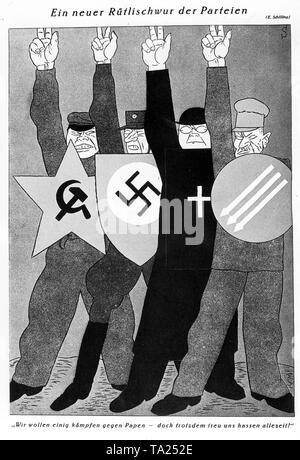 In the caricature of E. Schilling, the parties KPD, Centre, NSDAP and SPD are shown swearing a Ruetlischwur (Ruetli Oath). 'We want to fight Papen together - but we'll still hate each other!'. The parties were only united in the fight against Chancellor Franz von Papen. Stock Photo