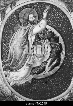 The miniature from Siena shows God creating the stars. In the background the large globe with the outlines of the continents. Stock Photo