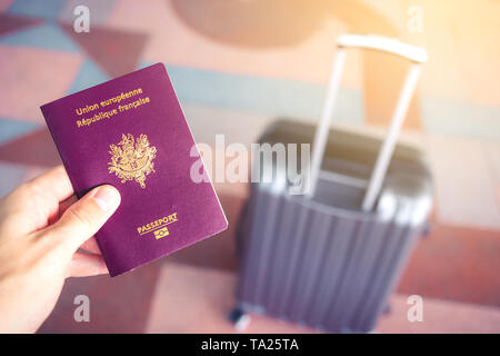 passport and luggage at airport . Stock Photo