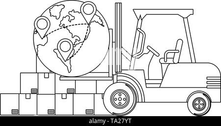 lift truck and globe with location pointer and boxes vector illustration graphic design Stock Vector