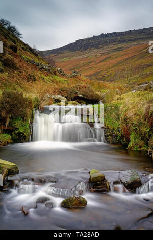 UK,Derbyshire,Peak District,Grindsbrook Clough Waterfalls and Kinder Scout Stock Photo