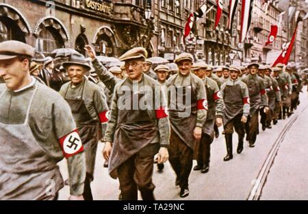 Parade of members of the newly formed Nazi organization DAF (German Labor Front) in the Neuhauser Strasse in Munich on May 1, 1933. Stock Photo