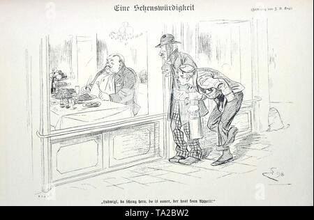 The drawing 'Eine Sehenswuerdigkeit' ('A sight') by Ferdinand von Reznicek. Cartoon from the satirical magazine 'Simplicissimus', Volume 4, Number 46 (1899). Under the picture: 'Ludwig, look, there is one who has no appetite!' Stock Photo