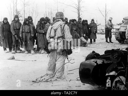 A group of Soviet prisoners of war are standing in a field south of Lake Ladoga. One of the soldiers seems to be wounded. Photo of the Propaganda Company (PK): war correspondent Freckmann. Stock Photo