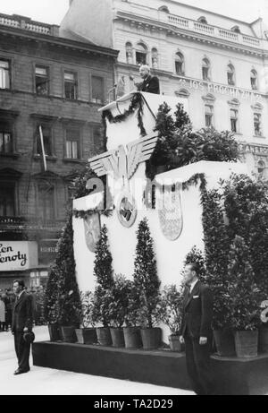 Minister of Public Enlightenment and Propaganda Emanuel Moravec gives a speech at a rally at Wenceslas Square in Prague. He gives an account of the activities of the protectorate government. Stock Photo