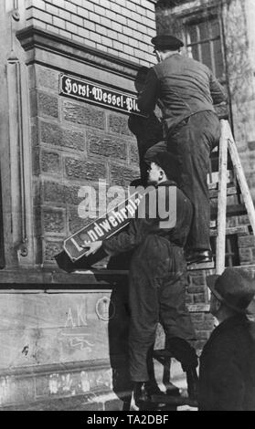 After the annexation of the Saar to the German Reich, neutral street names were replaced by those of Nazi important figures, in this case, the previous Landwehrplatz was renamed Horst-Wessel-Platz. Stock Photo