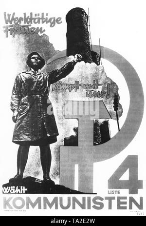 On the poster is a woman with fist clenched in Communist salute, in the background a smoking chimney. The election appeal is: 'Working women fight with us! Vote List 4, the Communists.' Stock Photo