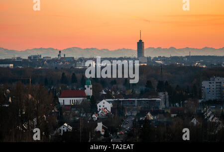 Panorama image of Augsburg skyline with mountains in the background Stock Photo