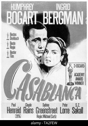 In the film of Michael Curtiz (USA 1943) the leading roles were played by Humphrey Bogart as Rick Blaine and Ingrid Bergman as Ilsa Lund. Stock Photo