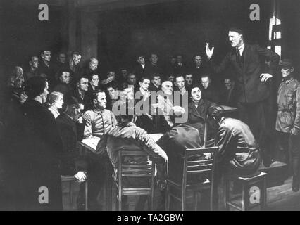 A painting made after 1933 shows Adolf Hitler delivering a speech before the still small NSDAP in Munich before the Beer Hall Putsch of 1923 (Undated photo). Stock Photo