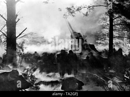 Shooting from an unrecognizable heavy gun at the gates of Leningrad. Photo of the Propaganda Company (PK): war correspondent Ebert. Stock Photo