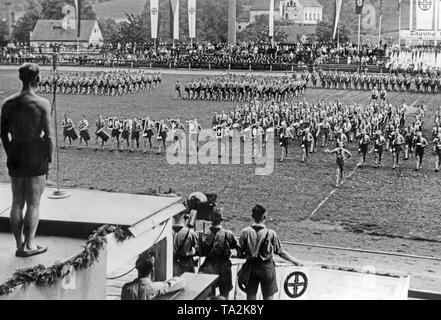 March of the gymnasts in Aussig (today Usti nad Labem). The Sudeten German gymnasts are honored on the 'Day of Education'. The ceremony was attended by a number of guests from Germany, Poland, Austria, Romania and Yugoslavia. Stock Photo