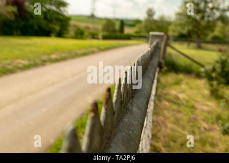 steel fence with pointed thorns for protection on a garden property Stock Photo