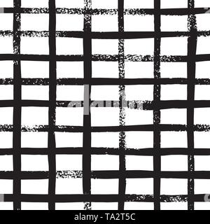 Hand draw brush grid black and white seamless pattern. Abstract monochrome check background with crossing brush Stroke. Endless plaid texture. Stock Vector