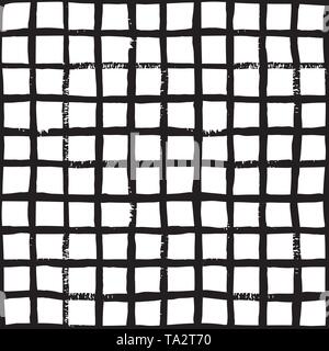 Hand draw brush grid black and white seamless pattern. Abstract monochrome check background with crossing brush Stroke. Endless plaid texture. Stock Vector