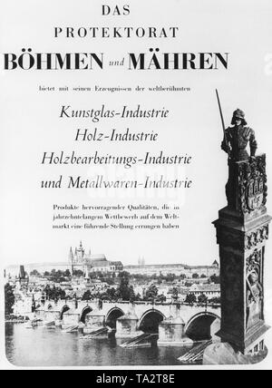 Advertisement in the magazine 'Signal' about products made in the Protectorate of Bohemia and Moravia. Among other things, art glass, wooden and metal goods are being advertised. In the background, a picture of Prague with a view of Prague Castle. 'Signal' was a Nazi propaganda magazine published in European countries. Stock Photo