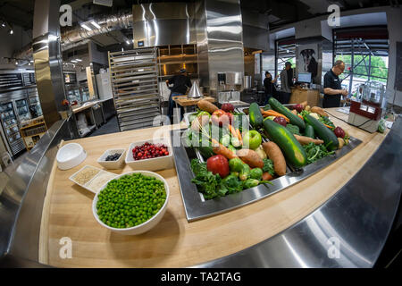 The JustFoodForDogs dog food kitchen is seen inside the Petco store in Union Square in New York on opening day, Friday, May 10, 2019. The ninth kitchen for the Southern California brand, it is their first on the East Coast. The 2000 pounds of fresh dog food it will produce each day is human-grade and nutritionally balanced for your dog. (Â© Richard B. Levine) Stock Photo