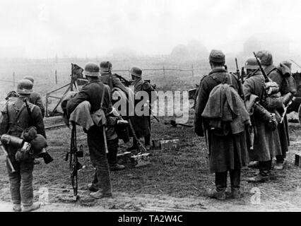 A group of German soldiers are talking in a field in the Newel area. A month earlier, the eponymous district capital was reconquered by the Red Army. Photo of the Propaganda Company (PK): war correspondent Kamm. Stock Photo
