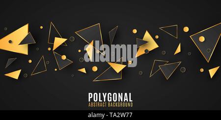 Abstract geometric shapes. Stylish background for your design. Modern low poly style. Chaotic forms. Black and gold triangles. Polygonal random shapes Stock Vector