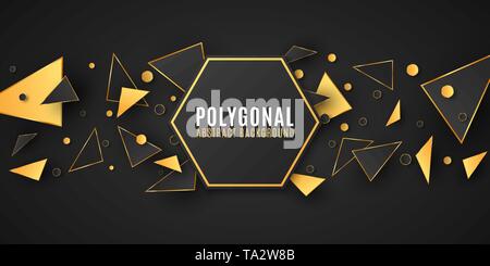 Abstract geometric shapes. Stylish banner for your design. Modern low poly style. Chaotic forms. Black and gold triangles. Polygonal random shapes. Ve Stock Vector