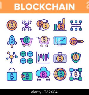 Blockchain Technology, Cryptocurrency Vector Linear Icons Set Stock Vector