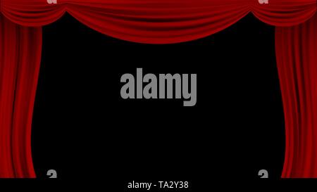 Vector realistic drapery of bright red fabric. Decorative folds of silk isolated on black background. Open theater curtain. Stock Vector