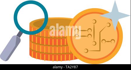 Magnifying glass looking cryptocurrency money isolated Vector illustration Stock Vector