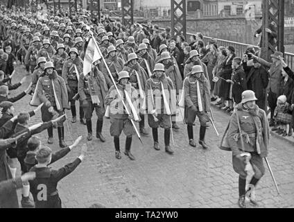 Entry of Austrian dragoons in Bamberg during the annexation of Austria to the German Reich. Stock Photo