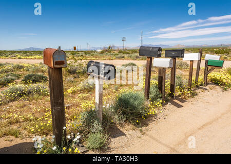 Row of old U.S.mail boxes along Route 66, California, USA Stock Photo