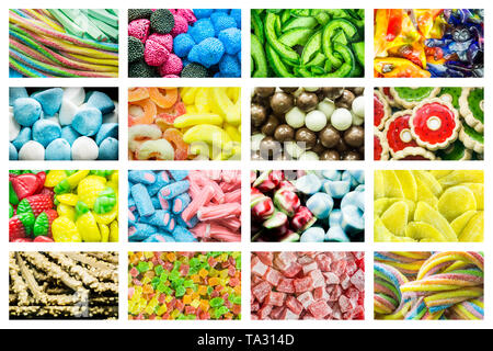 Bright collage of multi-colored jelly beans candies, sweet dried fruits and fresh sweet pastries. Bright background of sweets and dried fruits. Stock Photo