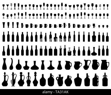 Silhouettes of bowls, bottles and glasses on a white background Stock Photo