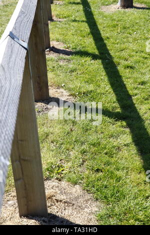 Wooden fence with long shadow. Stock Photo