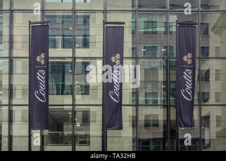 3rd May 2019, Westminster, London, UK. Sign outside the offices of private bank Coutts on the Strand Stock Photo