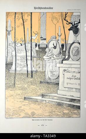 The drawing 'Hirschdenkmaeler' (Deer monuments) by Caspari Walter. Cartoon from the satirical magazine 'Simplicissimus', volume 4, issue number 34 (1900) page 272. Under the picture: 'They too died for their fatherland'. Stock Photo