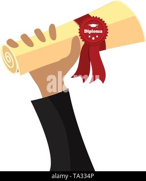 Graduate hand holds diploma with ribbon Vector flat illustration Stock Vector