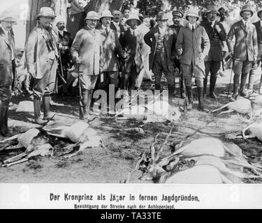 Crown Prince Wilhelm (4th from the right) and the assembled hunting party look at the bag after the antelope hunt. Stock Photo