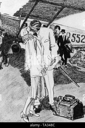 The drawing shows a couple taking leave at Tempelhof Airport in Berlin. In the background, a single-engine monoplane for 15 flight passengers. Stock Photo