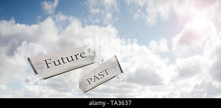 Concept image of Future Past and Present on a signpost against the sky with sunlight 3d rendering Stock Photo
