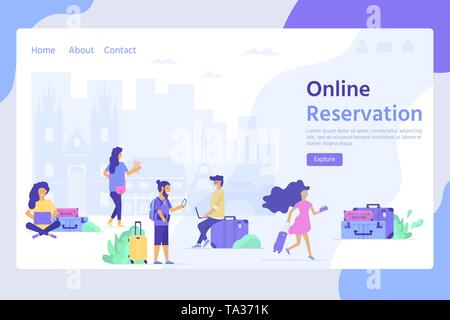 Young people with phone, map and baggage. Travel and tourism concept for website template, online booking reservation, landing page, banner, flight ti Stock Vector