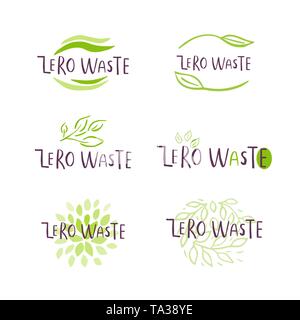 Hand drawn Zero waste logo or sign. Eco badge, tag for shopping, no plastic market, products packaging.Natural  leaves, branches, plant elements with  Stock Vector
