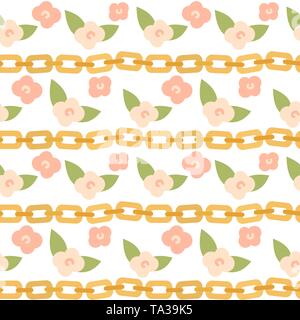 cute lovely trendy seamless vector pattern background illustration with golden chains and pink flowers Stock Vector