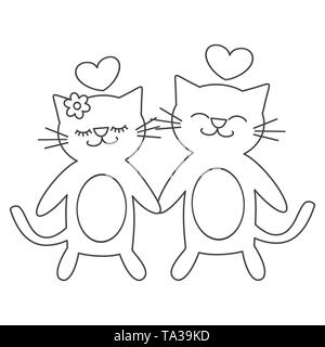cute lovely black and white cats in love cartoon vector romantic illustration for coloring art Stock Vector