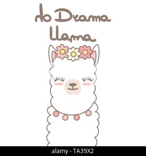 cute cartoon lama alpaca with hand drawn lettering quote no drama llama vector card Illustration Stock Vector