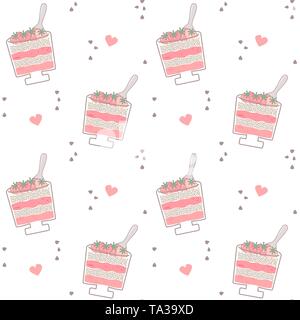 cute cartoon seamless vector pattern background illustration with strawberry chia healthy milk pudding food recipe Stock Vector