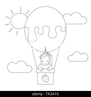 cute cartoon black and white unicorn flying with air balloon in the sky vector flat illustration for coloring art Stock Vector